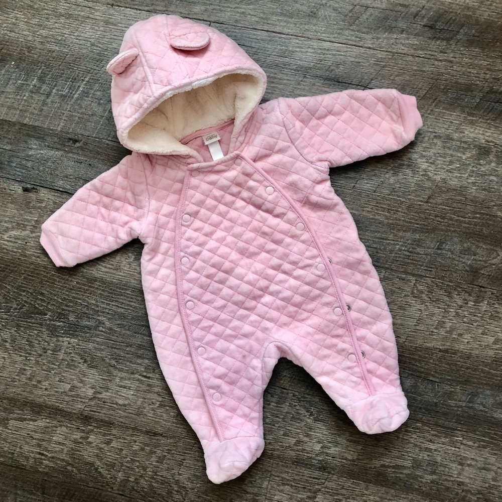 NORDSTROM BABY⚡️Super Cozy Pink Quilt Baby Girl Hooded Footies_Sz Newborn